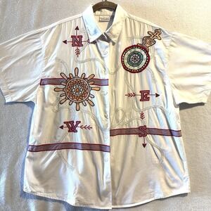 Vintage Nautical Shirt Women's 20W White Embroidered Front‎ Pockets Short Sleeve